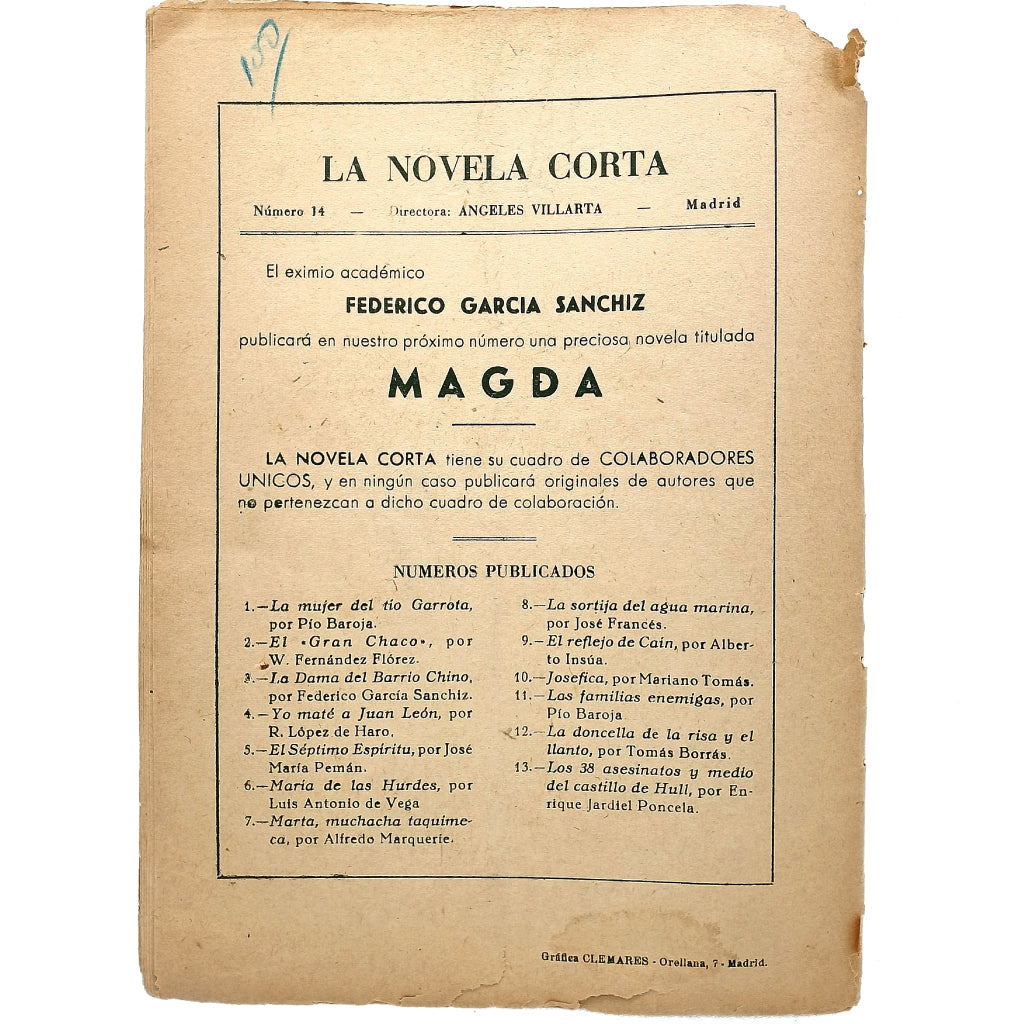 LA NOVELA CORTA Nº 14: YO DESCUBRÍ EL CRIMEN DEL CAPITÁN SÁNCHEZ. Serrano Anguita, Francisco