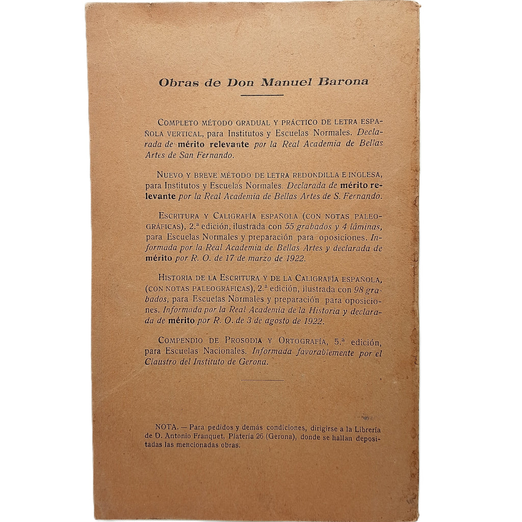 HISTORIA DE LA ESCRITURA Y DE LA CALIGRAFÍA ESPAÑOLA. Barona Cherp, Manuel