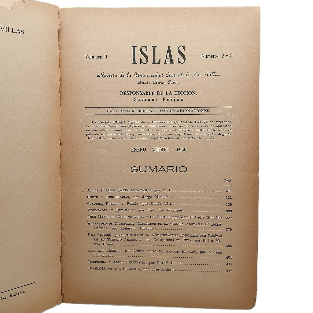 ISLAS. Volumen II. Números 2 y 3. Enero-Agosto -1960