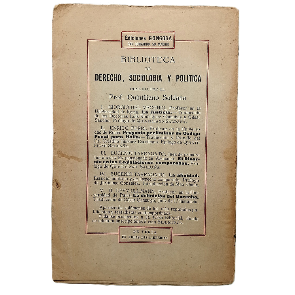 PROYECTO PRELIMINAR DE CÓDIGO PENAL PARA ITALIA. Ferri, Enrico