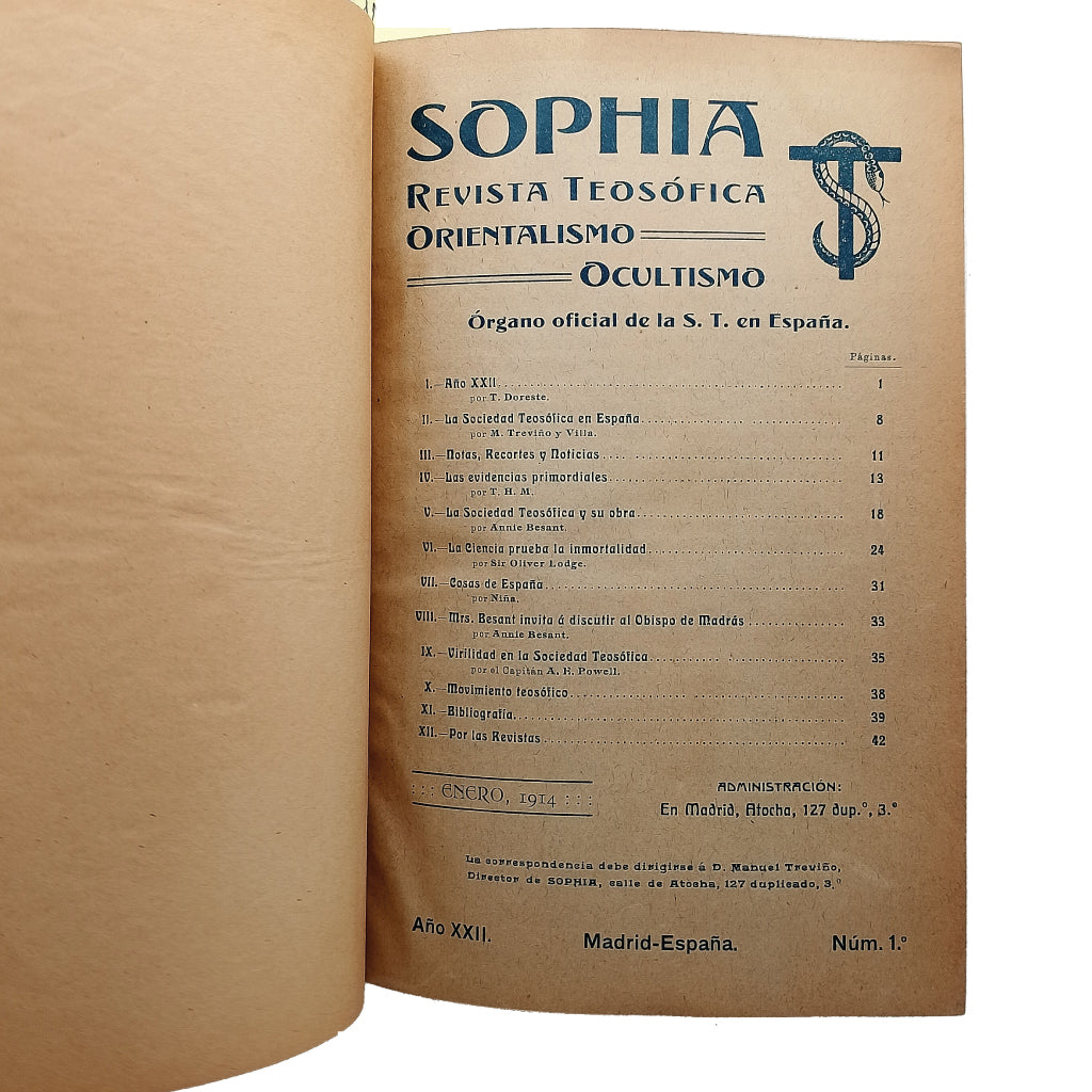 SOPHIA. AÑO COMPLETO 1914. Revista Teosófica. Orientalismo. Ocultismo