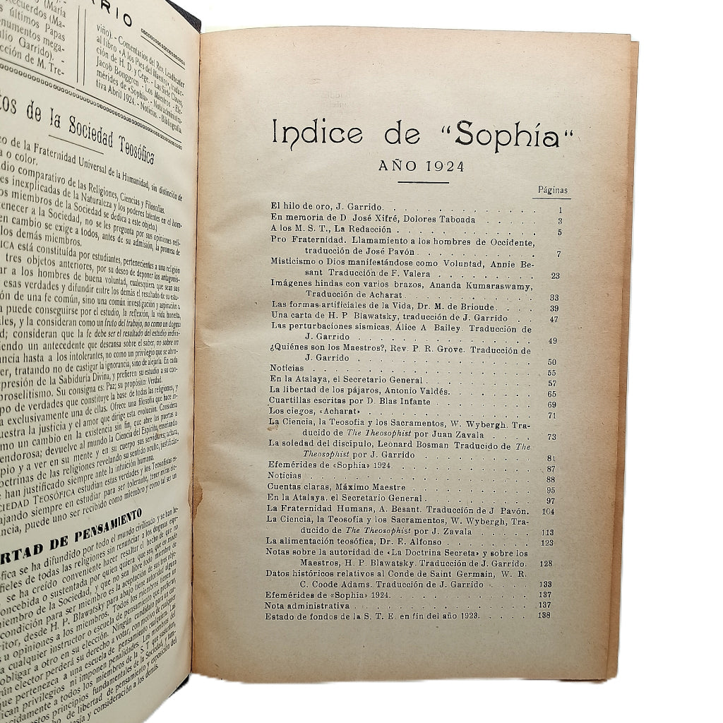 SOPHIA. AÑO COMPLETO 1924. Revista Teosófica. Orientalismo. Ocultismo