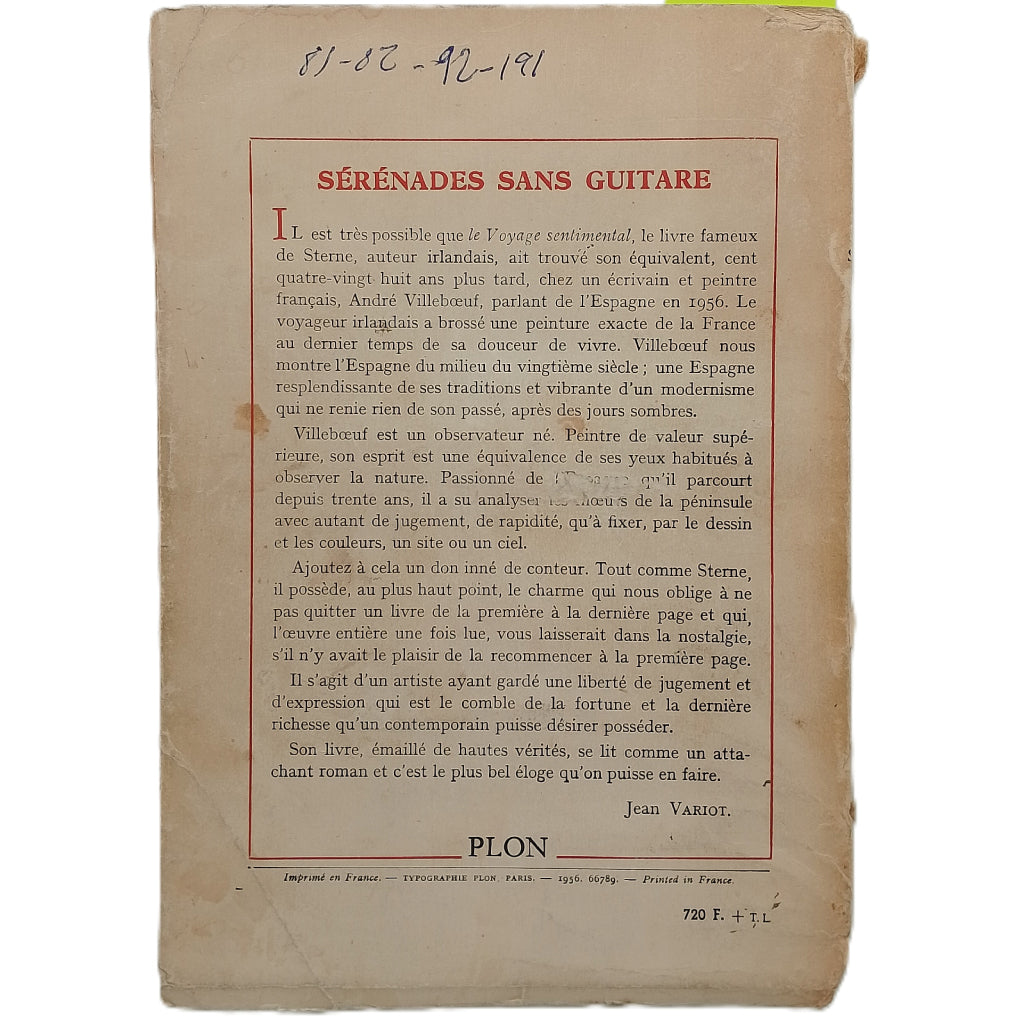 SÉRÉNADES SANS GUITARE. Villeboeuf, André