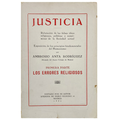 JUSTICIA. Primera parte Los errores religiosos. Anta Rodríguez, Ambrosio