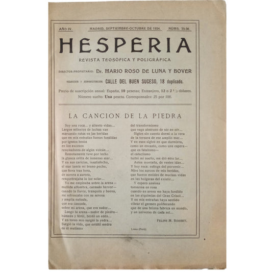 HESPERIA. Revista Teosófica y Poligráfica. Núms. 35-36. Madrid, septiembre-octubre de 1924