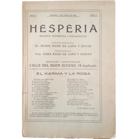 HESPERIA. Revista Teosófica y Poligráfica. Nº 8. Año II. Madrid, 1 de junio de 1922