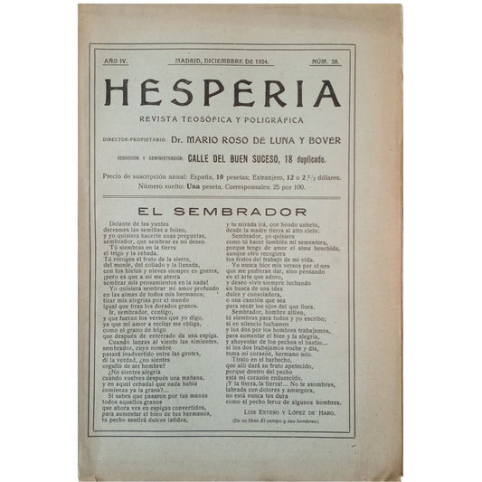 HESPERIA. Revista Teosófica y Poligráfica. Núm. 38. Año IV. Madrid, Diciembre de 1924