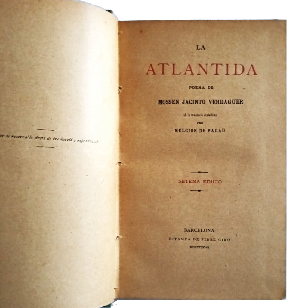 ATLANTIS. Poem. Verdaguer, Mossen Jacinto 