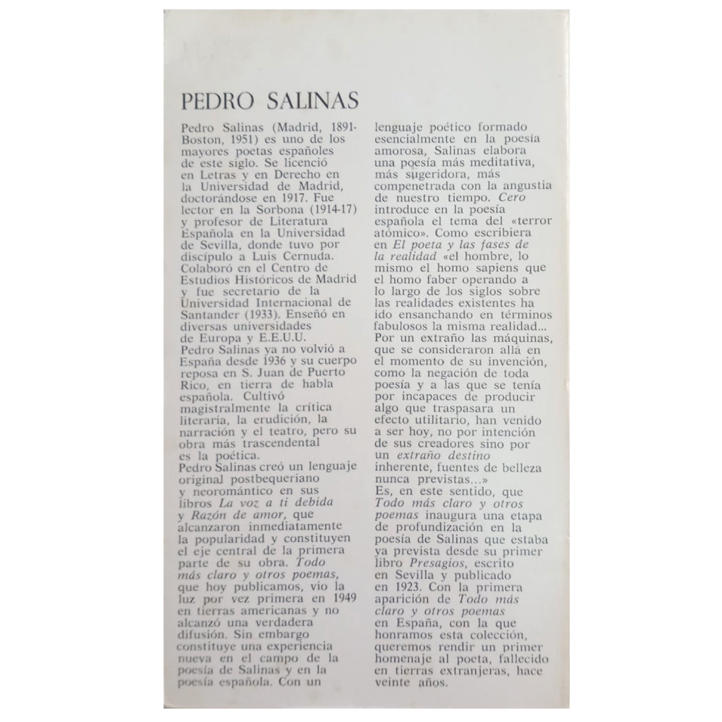 TODO MÁS CLARO Y OTROS POEMAS. Salinas, Pedro