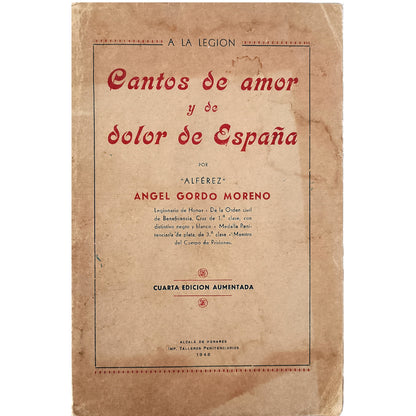 CANTOS DE AMOR Y DOLOR DE ESPAÑA. Gordo Moreno, Ángel (Dedicado)