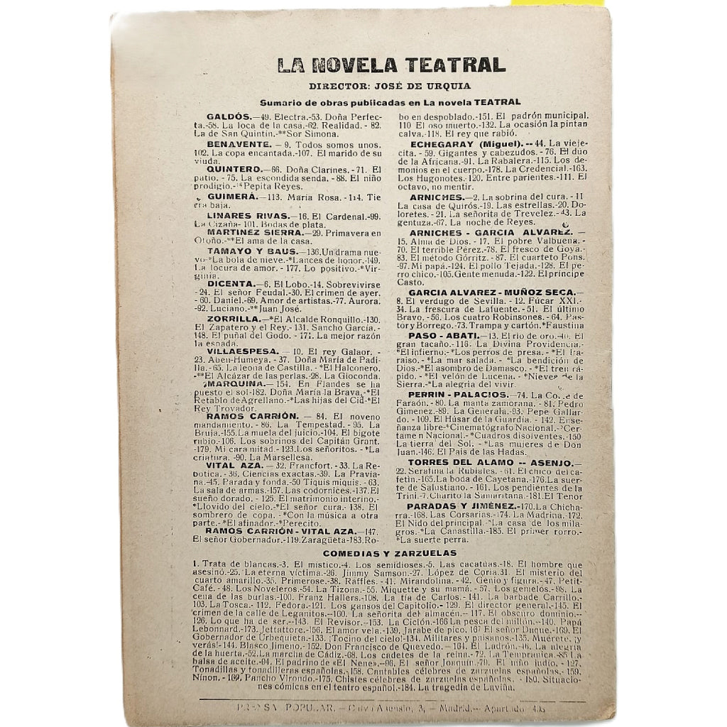 LA NOVELA CORTA Nº 236: LA HONRA DE LA FAMILIA. Díez de Tejada, Vicente