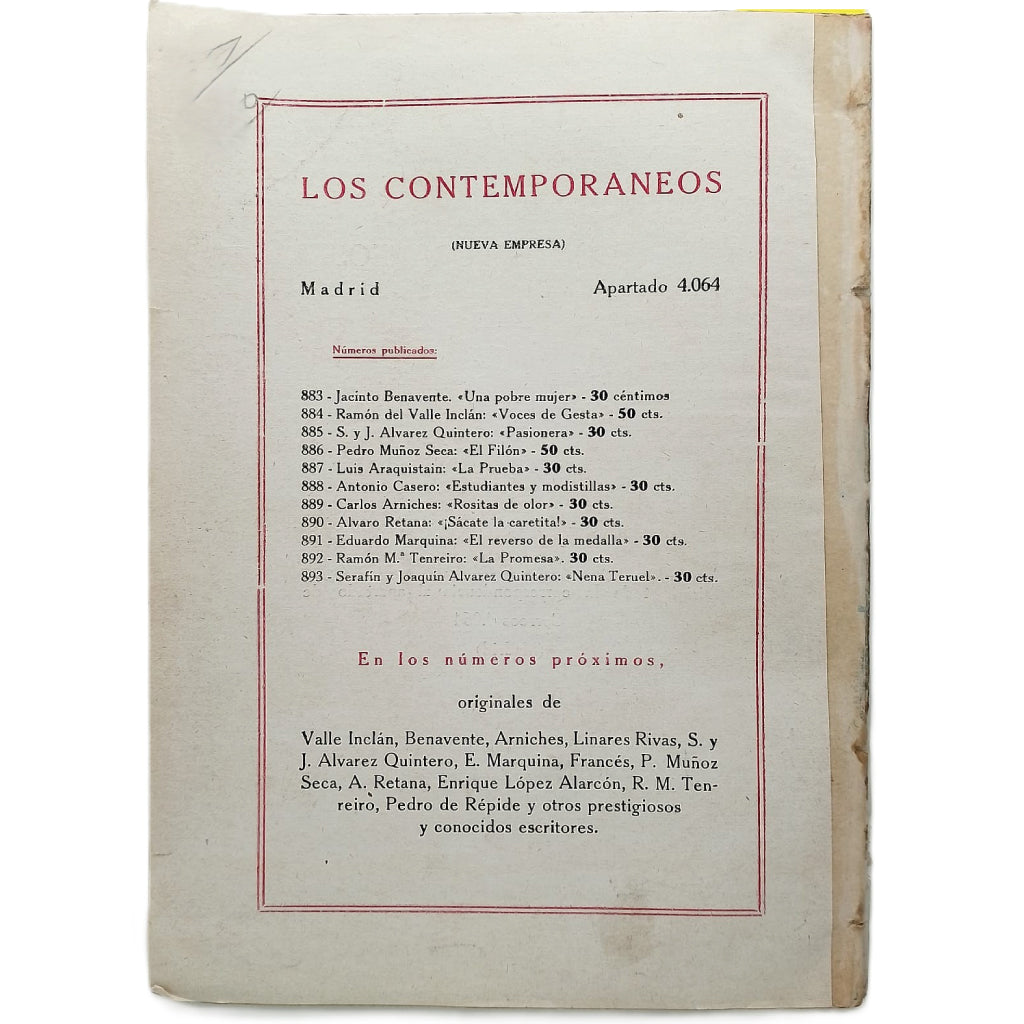 LOS CONTEMPORÁNEOS Nº 893: NENA TERUEL. Álvarez Quintero, Serafín y Joaquín