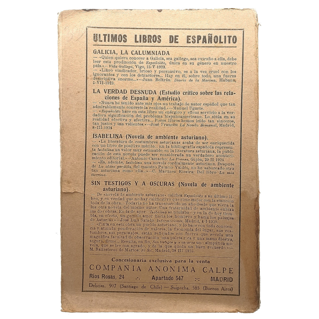SIN TESTIGOS Y A OSCURAS. Novela de ambiente asturiano. Suarez, Constantino (Españolito)