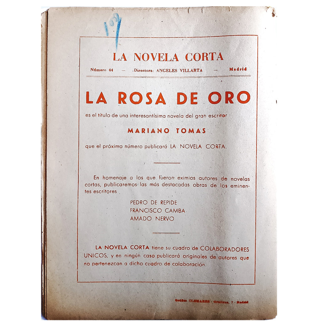 LA NOVELA CORTA: EL CRIMEN DE LA CALLE DE LA CABEZA. Tejada, Vicente D. de