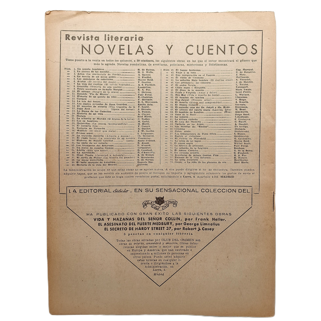 NOVELAS Y CUENTOS Nº 79: CRESSY, O LA NIÑA DE LOS PLACERES DE ORO. Harte, Bret