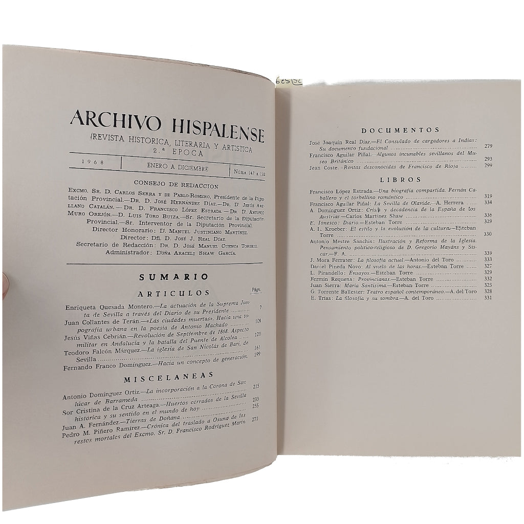 ARCHIVO HISPALENSE. 2ª época. Año 1968- Números 147-52. Varios autores