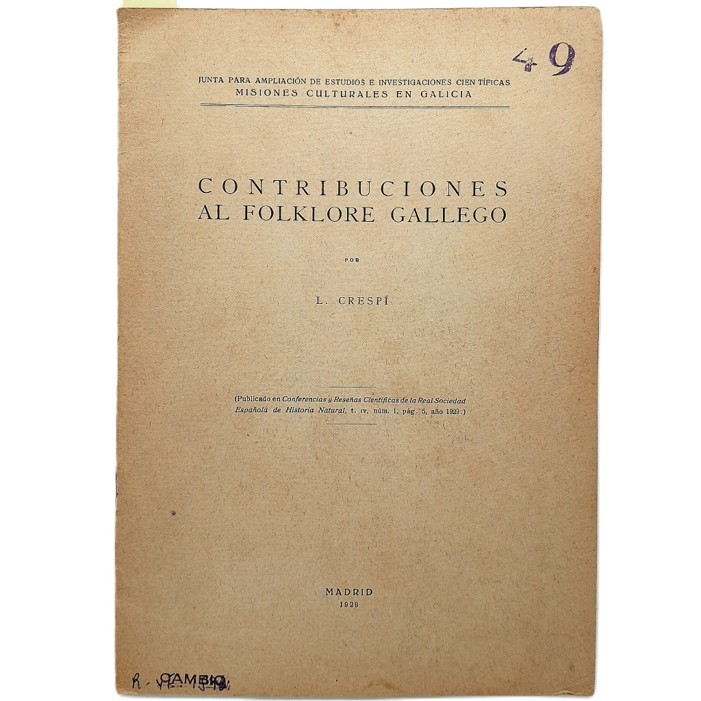 CONTRIBUCIONES AL FOLKLORE GALLEGO. Crespi, L.