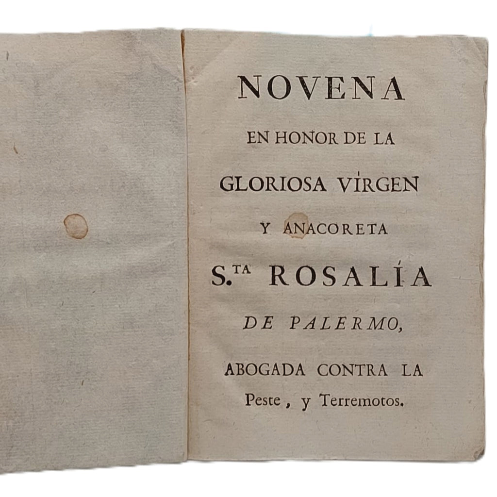 NOVENA EN HONOR DE LA GLORIOSA SANTA ROSALÍA DE PALERMO (S. XVIII). Pieza de Coleccionista
