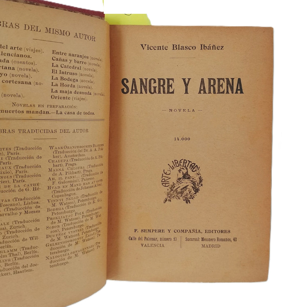 SANGRE Y ARENA. Blasco Ibáñez, Vicente