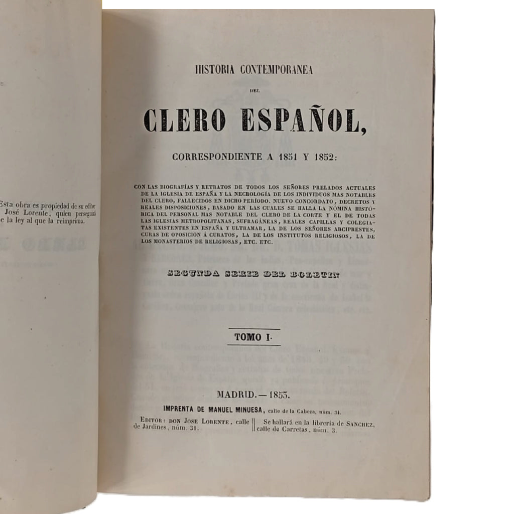 HISTORIA CONTEMPORÁNEA DEL CLERO ESPAÑOL CORRESPONDIENTE A 1851 Y 1852. TOMO I