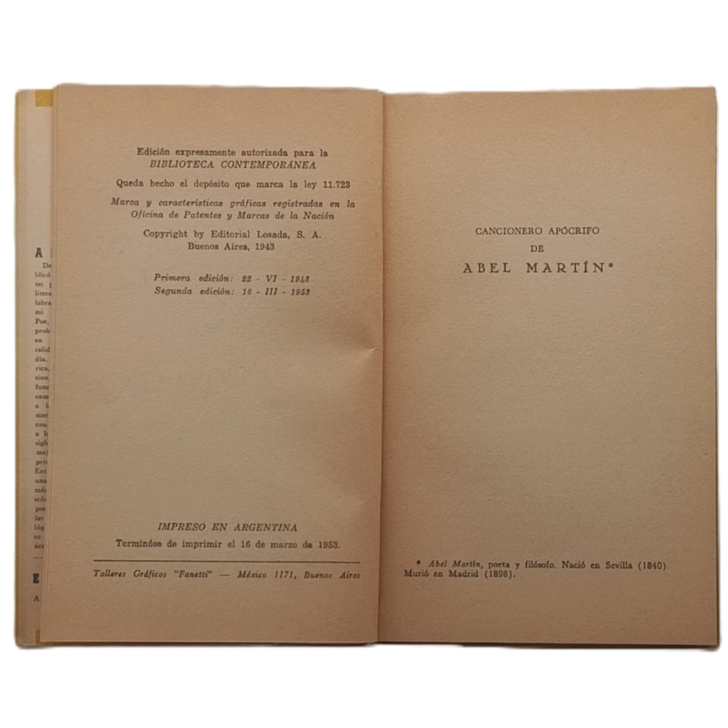 ABEL MARTÍN. CANCIONERO DE JUAN DE MAIRENA. PROSAS VARIAS. Machado, Antonio