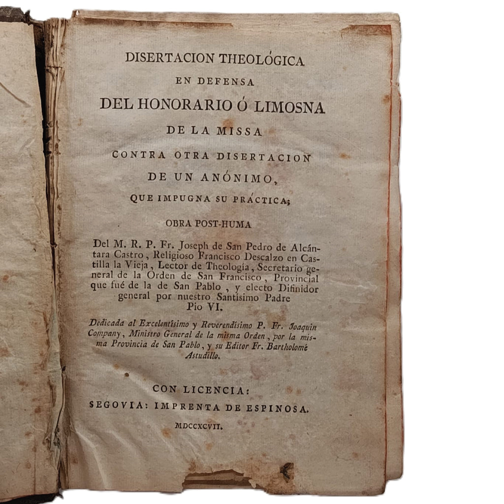 DISERTACIÓN THEOLÓGICA EN DEFENSA DEL HONORARIO O LIMOSNA DE LA MISSA