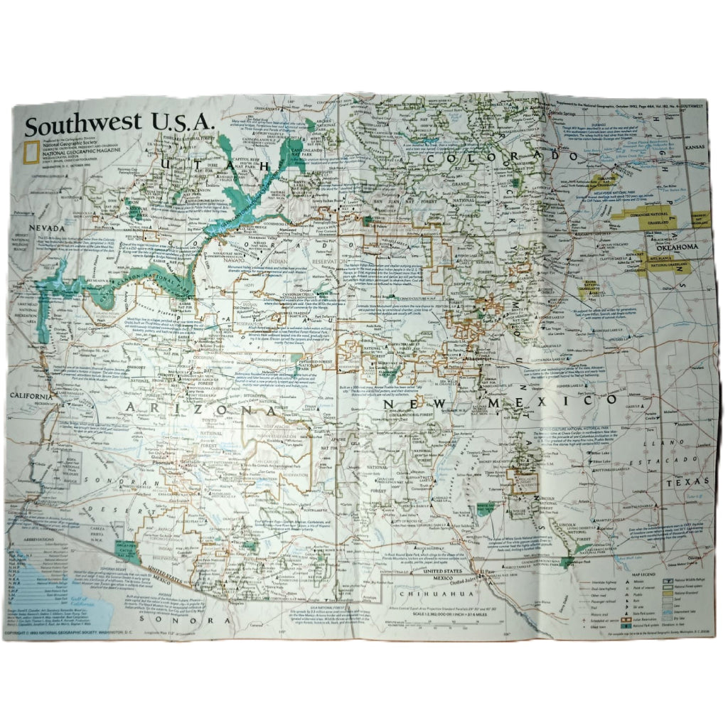 1992 SOUTHWEST U.S.A. Map - National Geographic - Arizona, Utah, New Mexico - Large 51x40cm - High Grade