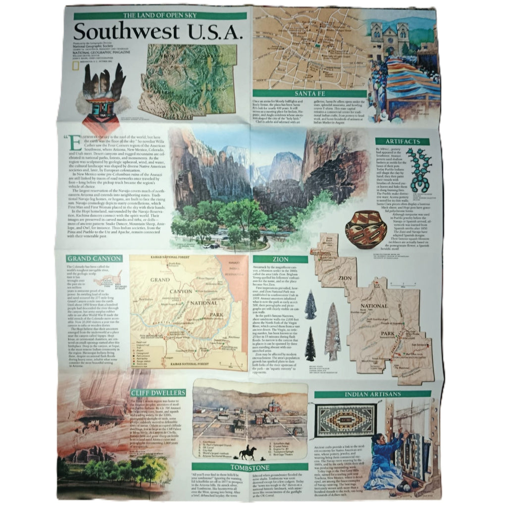 1992 SOUTHWEST U.S.A. Map - National Geographic - Arizona, Utah, New Mexico - Large 51x40cm - High Grade