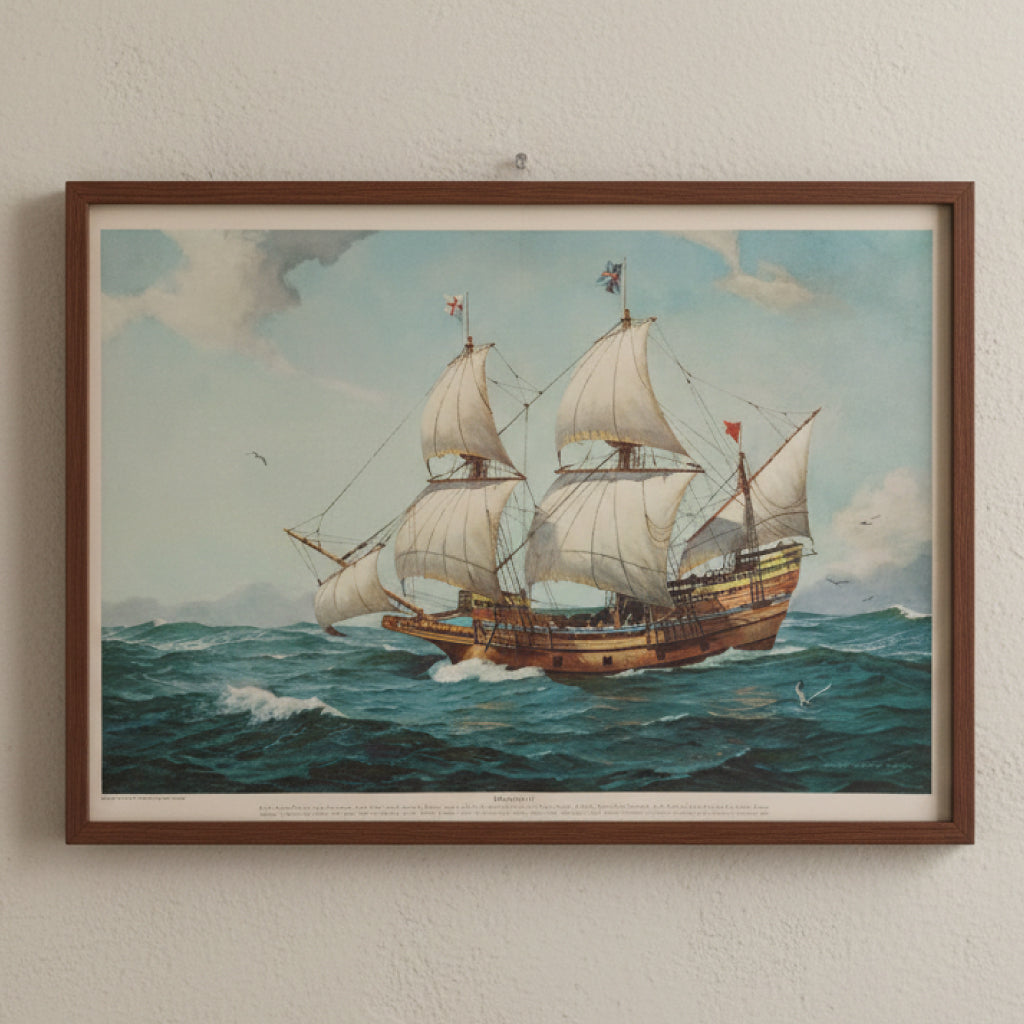 1957 MAYFLOWER II Ship Poster - National Geographic - Nautical Art & Technical Diagrams - 62x48cm - High Grade