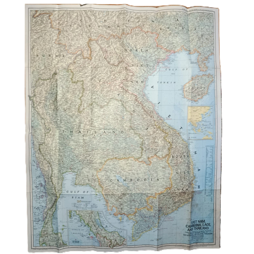 1967 VIETNAM, CAMBODIA, LAOS & THAILAND Map - National Geographic - Large 78x98cm - High Grade
