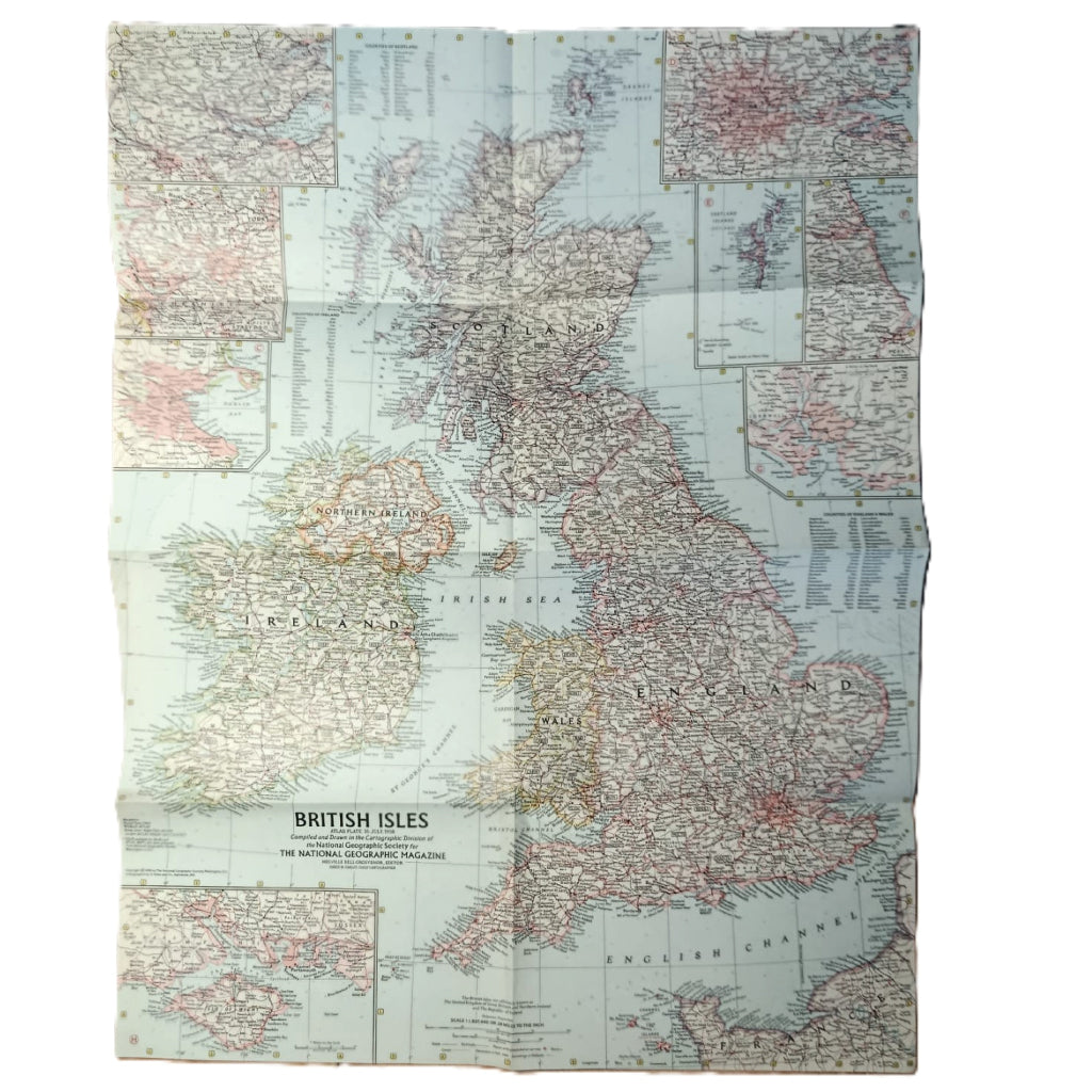 1958 BRITISH ISLES Map - National Geographic - Great Britain & Ireland - 48x61cm - High Grade