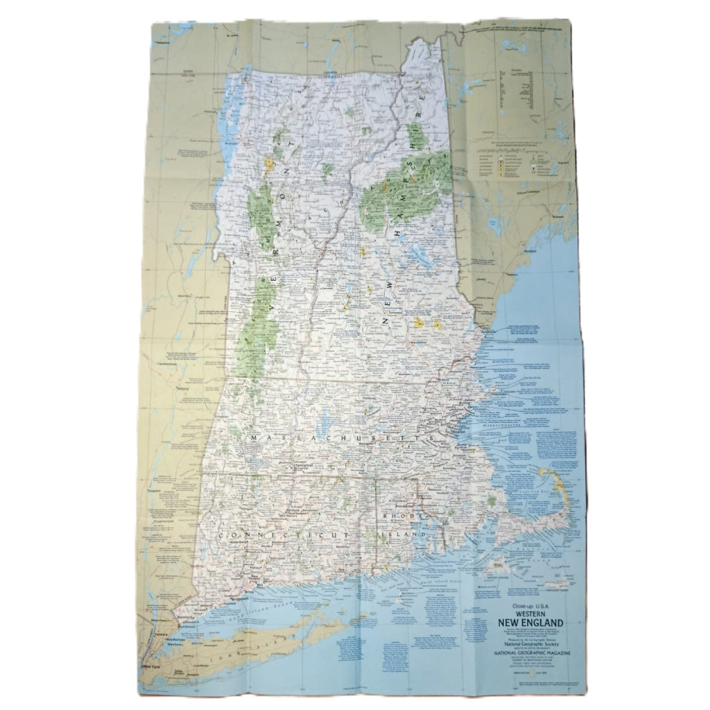 1975 WESTERN NEW ENGLAND Map - National Geographic - Close-up: U.S.A. Series - 89x58cm - High Grade