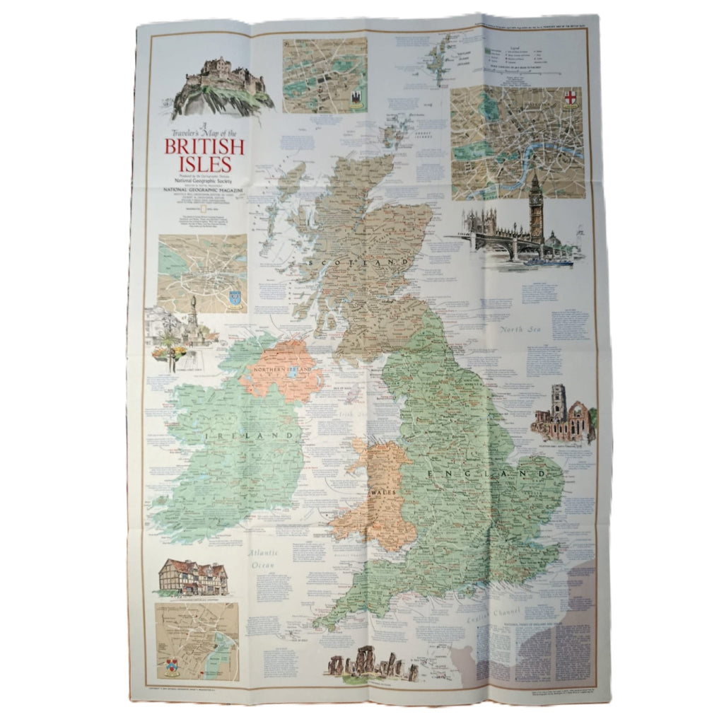 1974 A TRAVELER'S MAP OF THE BRITISH ISLES - National Geographic - Historical & Cultural Heritage