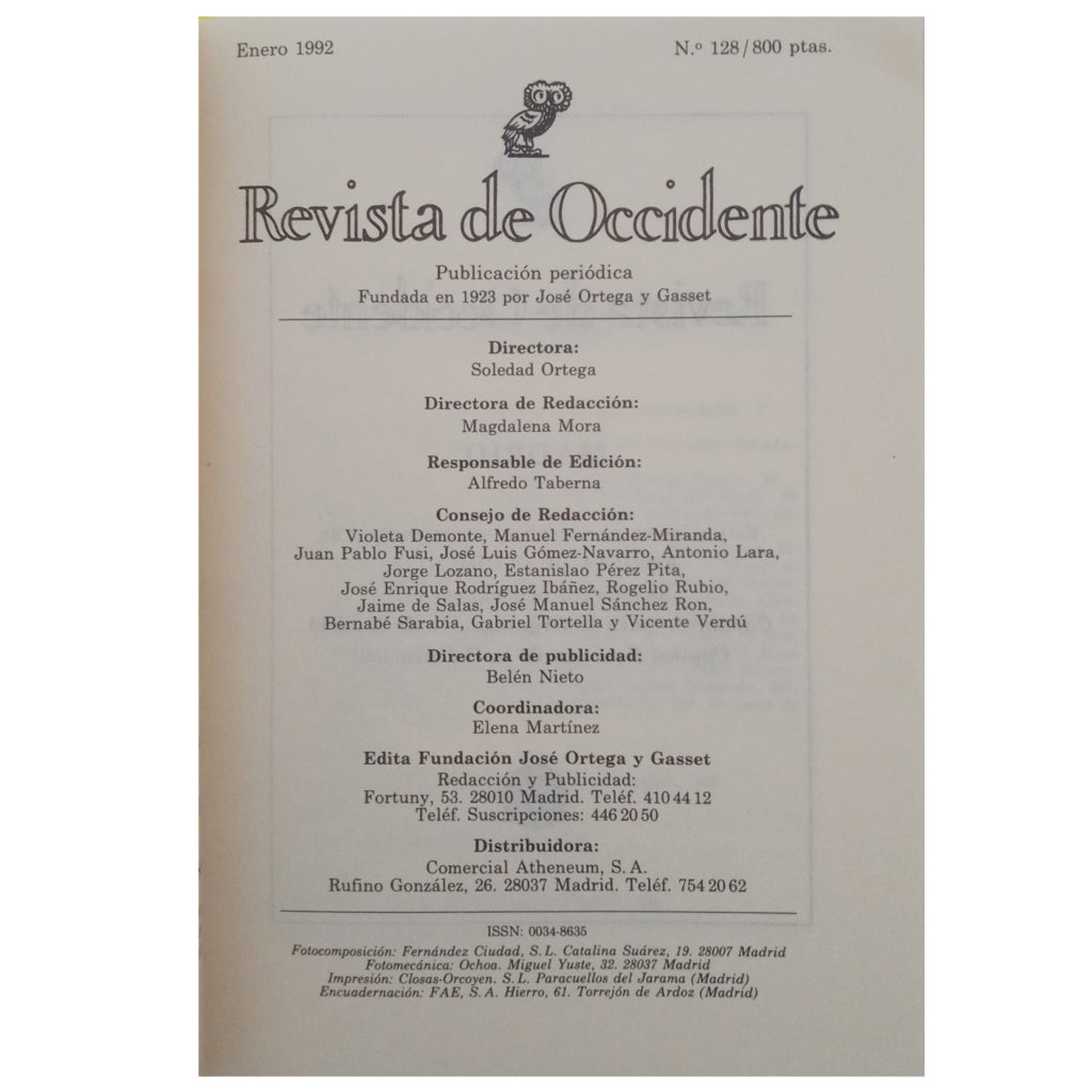 REVISTA DE OCCIDENTE Nº 128. ENERO 1992. MADRID