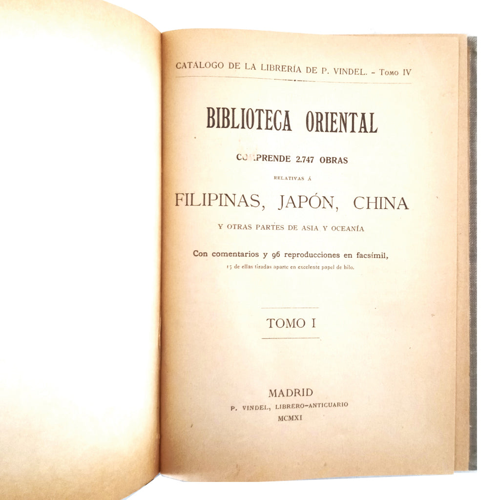 BIBLIOTECA ORIENTAL. Tomo I. Vindel, P.