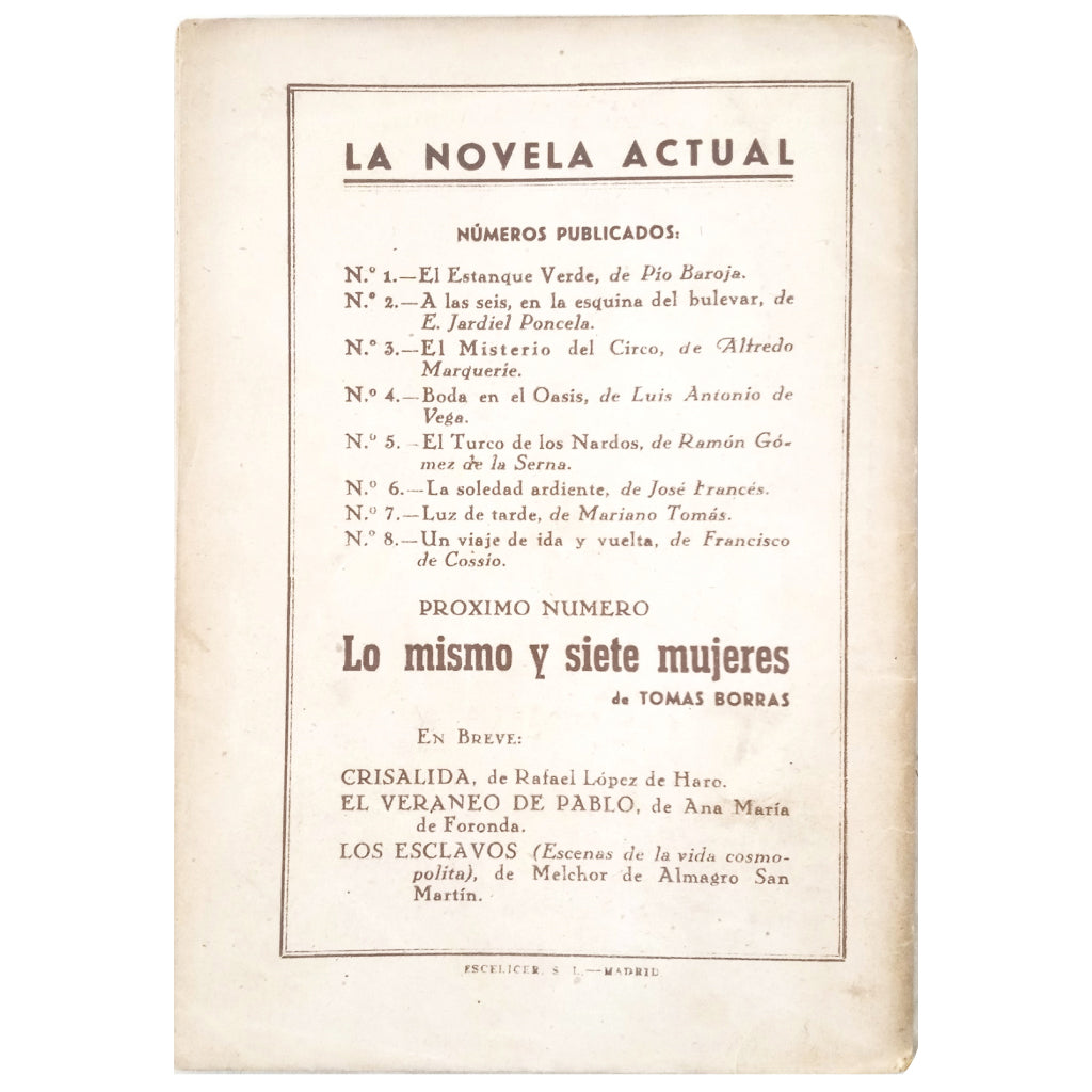 LA NOVELA ACTUAL Nº 8: UN VIAJE DE IDA Y VUELTA. Cossio, Francisco de