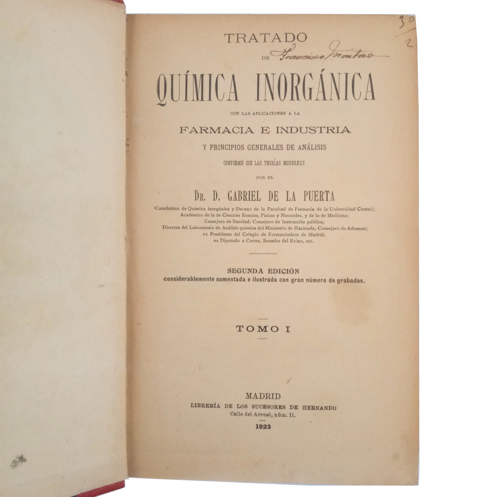 TRATADO DE QUÍMICA INORGÁNICA. Tomo I. Puerta, Gabriel de la