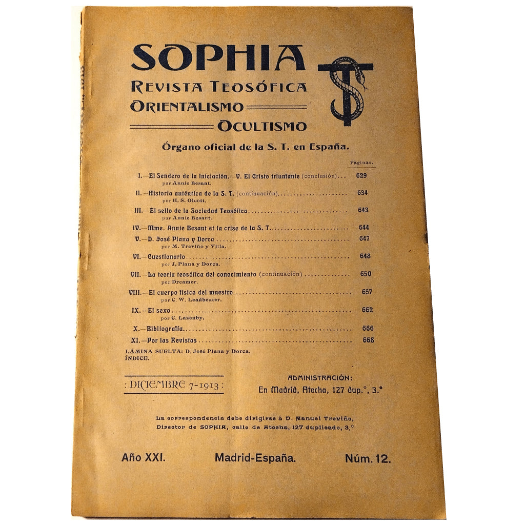 SOPHIA Nº 12. AÑO XXI. Revista teosófica- orientalismo- ocultismo