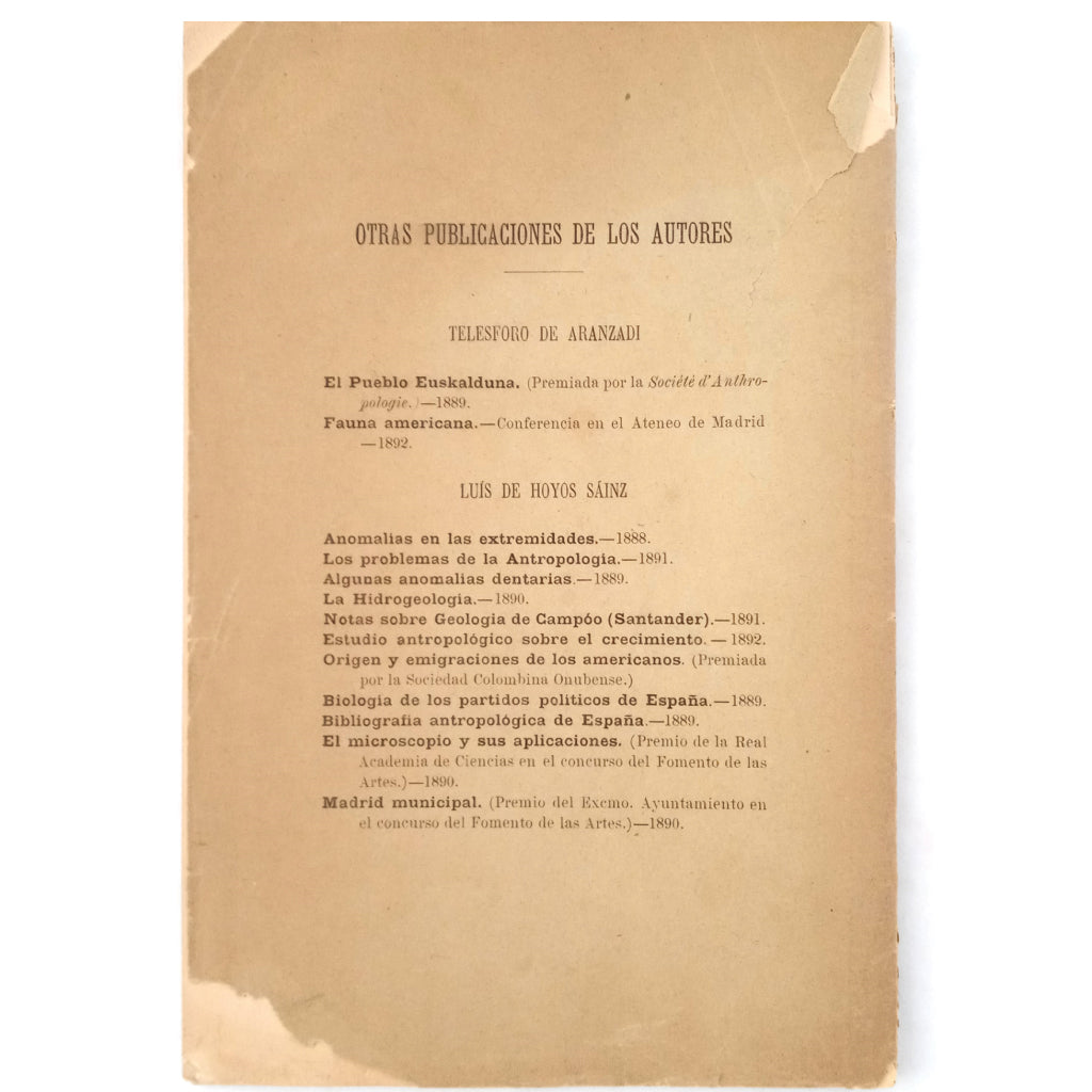 UN AVANCE A LA ANTROPOLOGÍA DE ESPAÑA. Hoyos Sainz, Luis de / Arazandi, Telésforo de