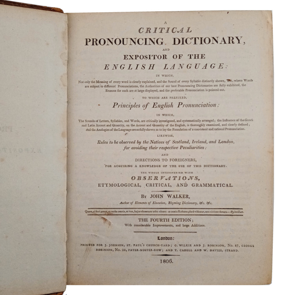 A CRITICAL PRONOUNCING DICTIONARY AND EXPOSITOR OF THE ENGLISH LANGUAGE. Walker, John